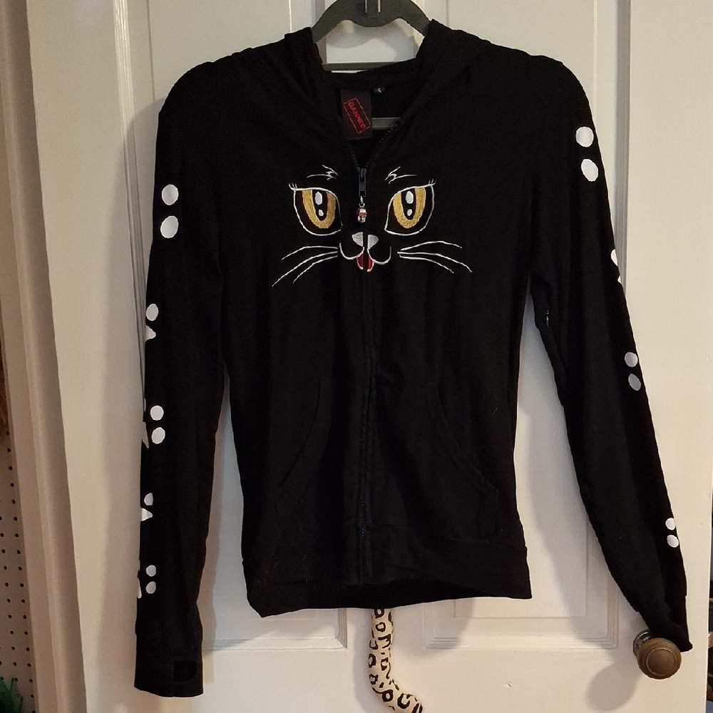 From London Black Cat Face Hoodie with Paw Prints, Tail And Skull Hardware